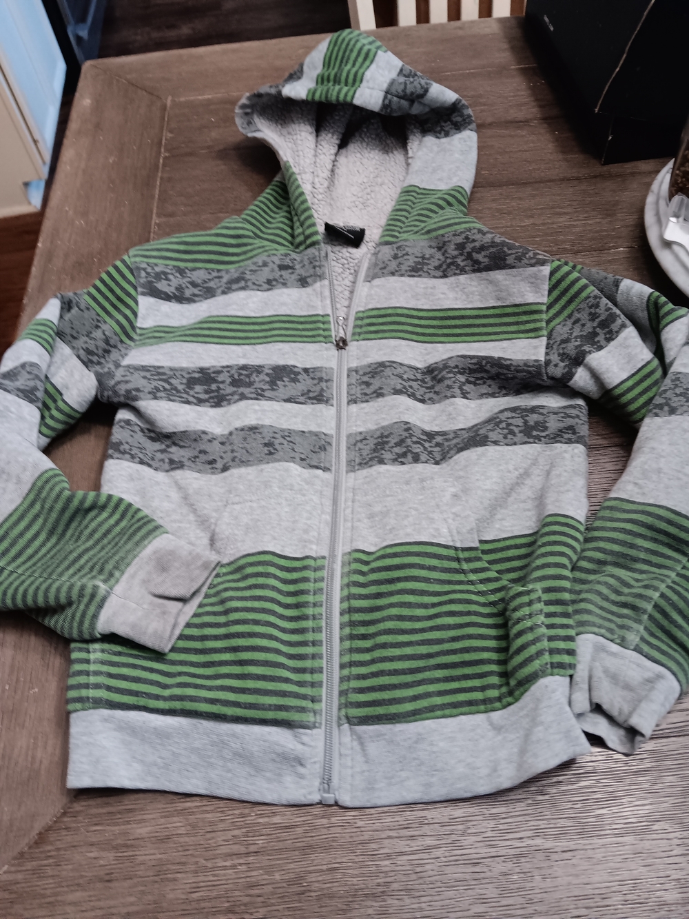Boys Size Medium, Original Deluxe Green & Gray Striped Hooded Zip-Up Sweatshirt